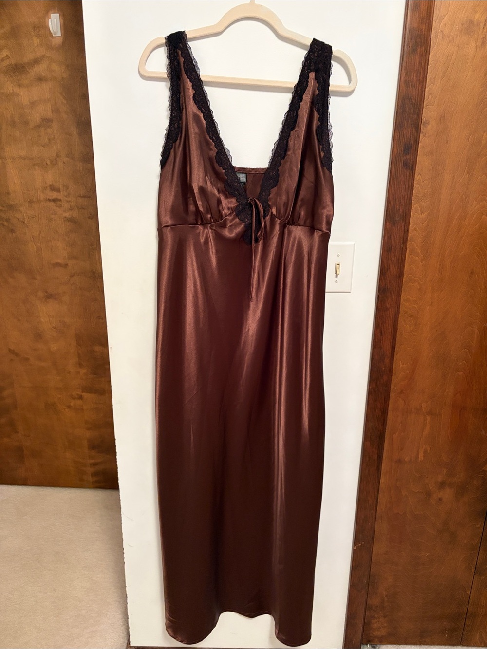Satin Lace-Trim Slip Dress - Brown